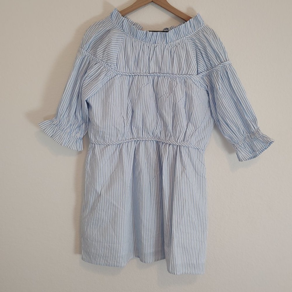 Elizabeth Wilson Dress Small S Blue Striped Leisel Short Sleeve Ruffle Summer